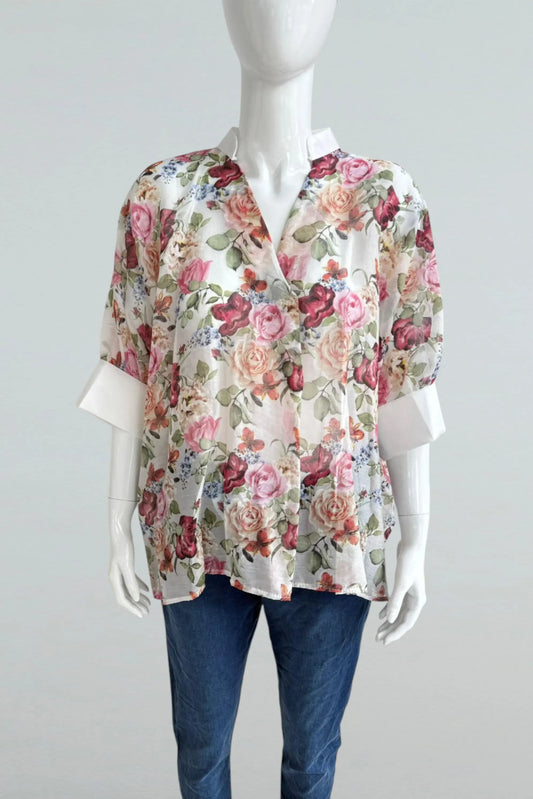 Floral Tencel Cuff Sleeve Top Lagenlook
