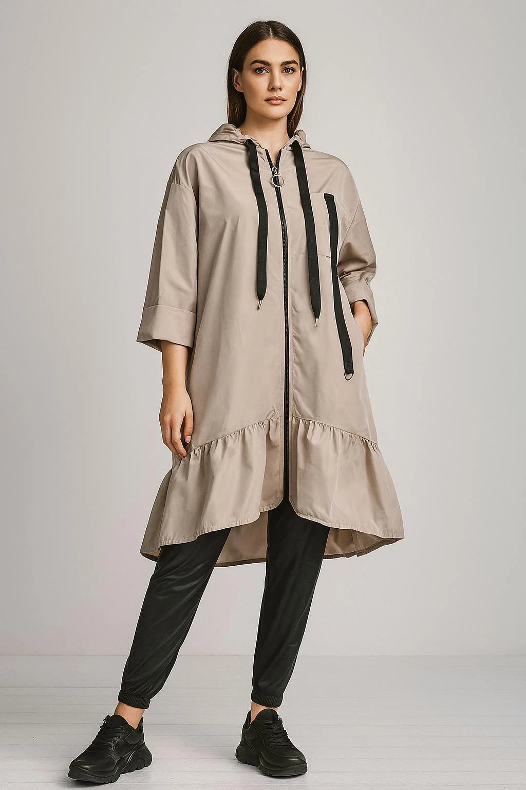 Made in Italy Frill Bottom Hooded Rain Mac