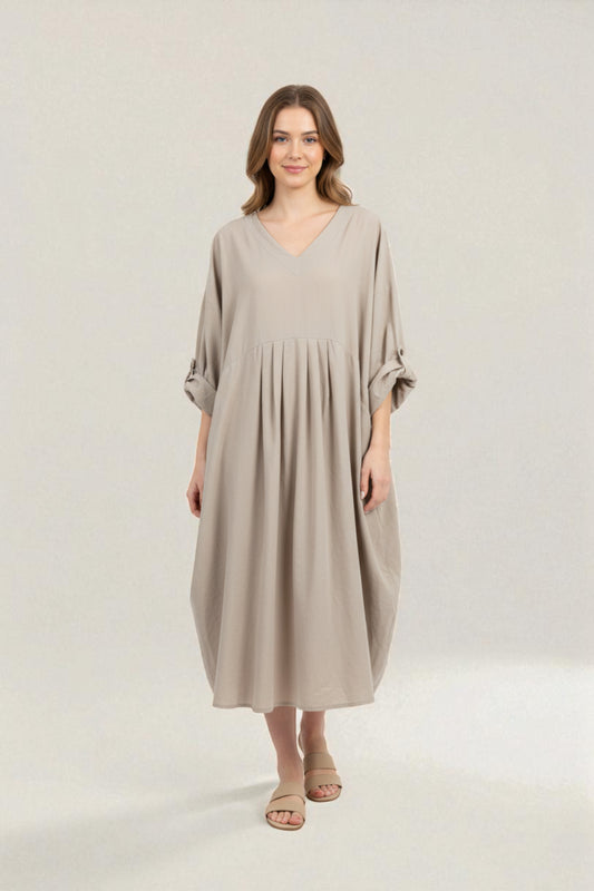 Made in Italy V Neck Corduroy Pleat Dress