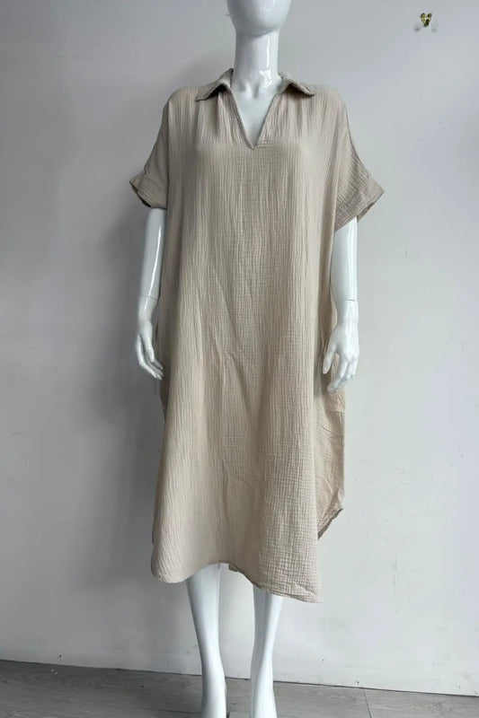Waffle Cotton V Neck Shirt Dress