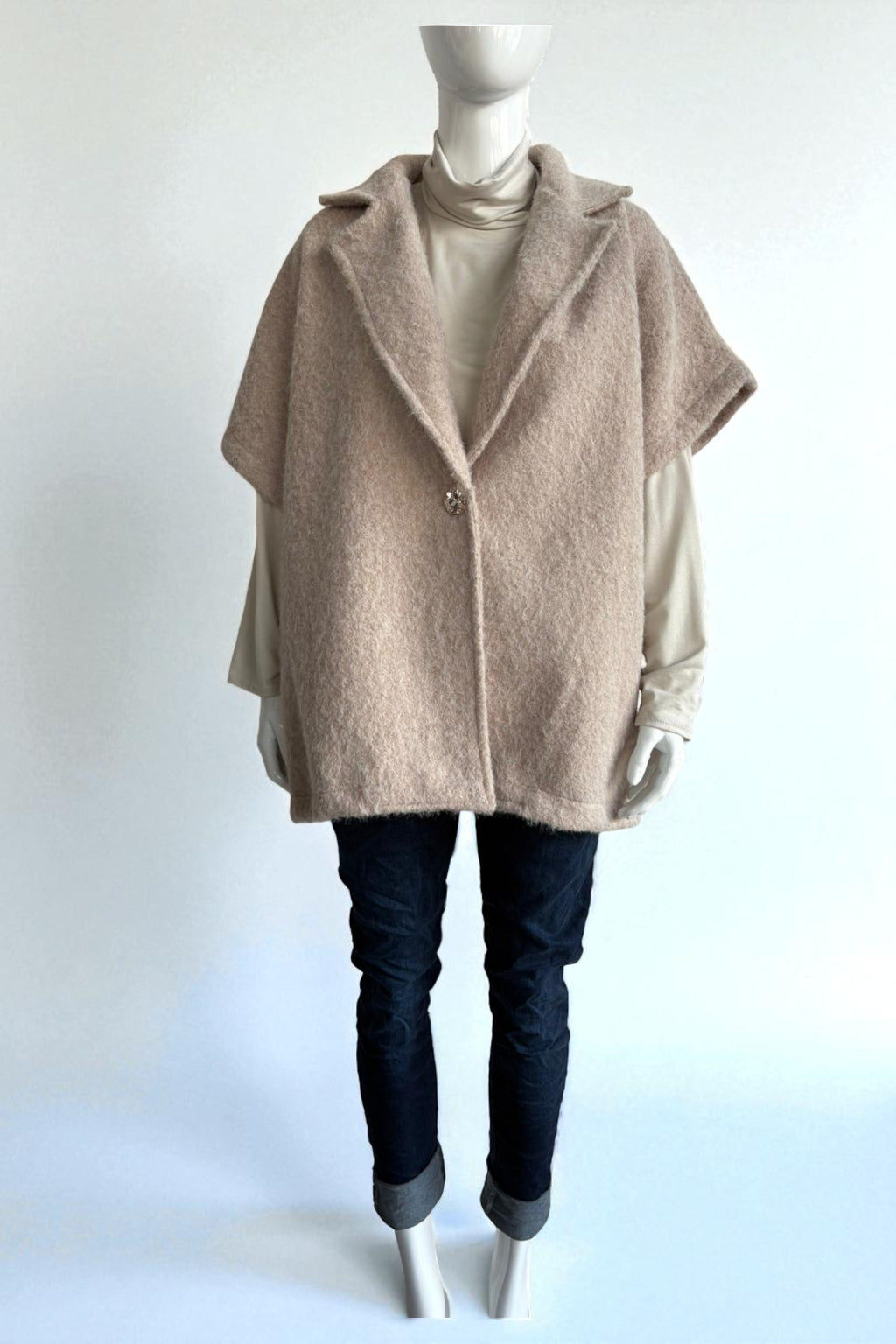 Women's Textured Wool Sleeveless Cape Jacket with Side Buttons