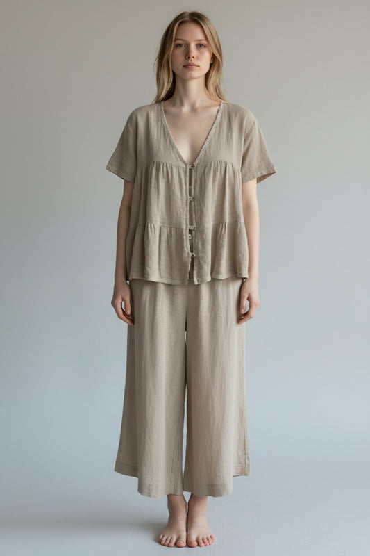 Linen Wide Leg Slant Hem Pant