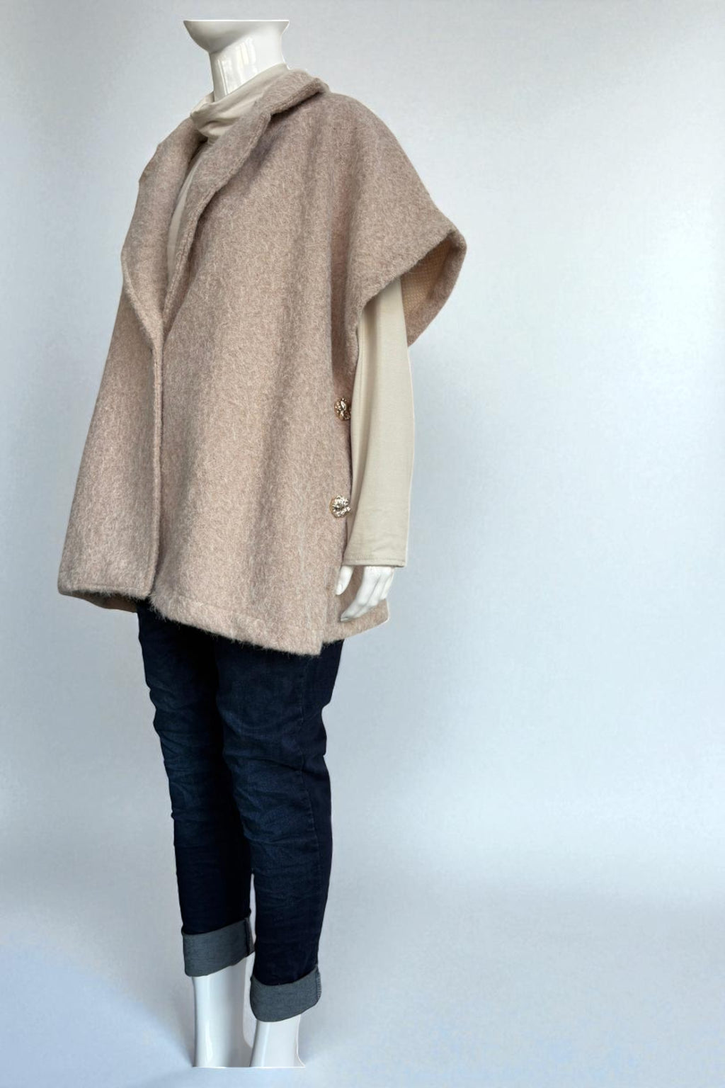 Women's Textured Wool Sleeveless Cape Jacket with Side Buttons