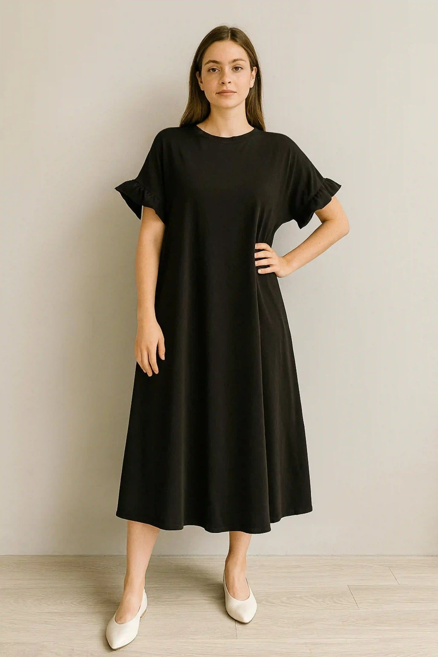 Jersey Frill Sleeve Midi Dress Lagenlook