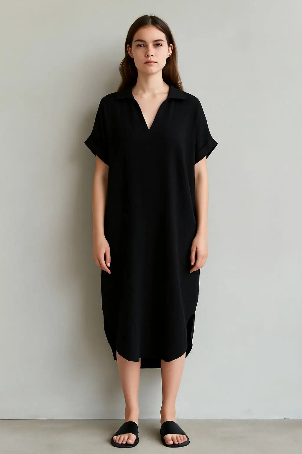 Waffle Cotton V Neck Shirt Dress