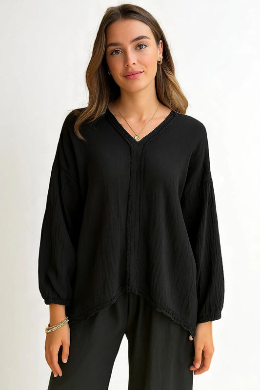Women's V Neck Linen Frey Top