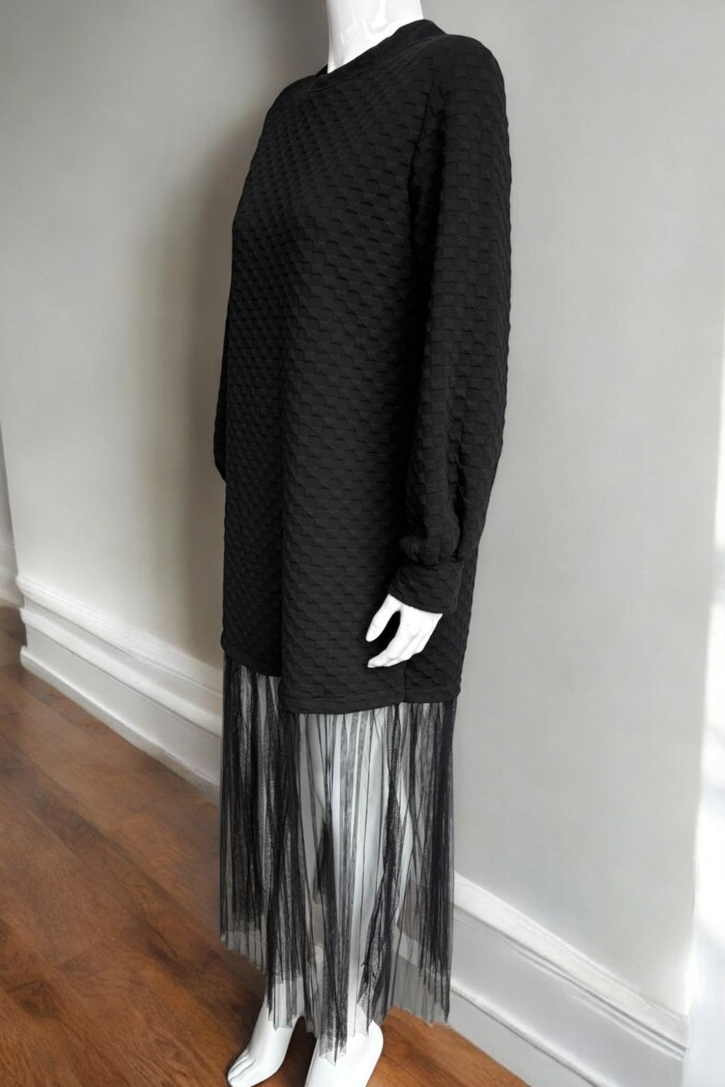 Textured Black Dress with Sheer Mesh Hem