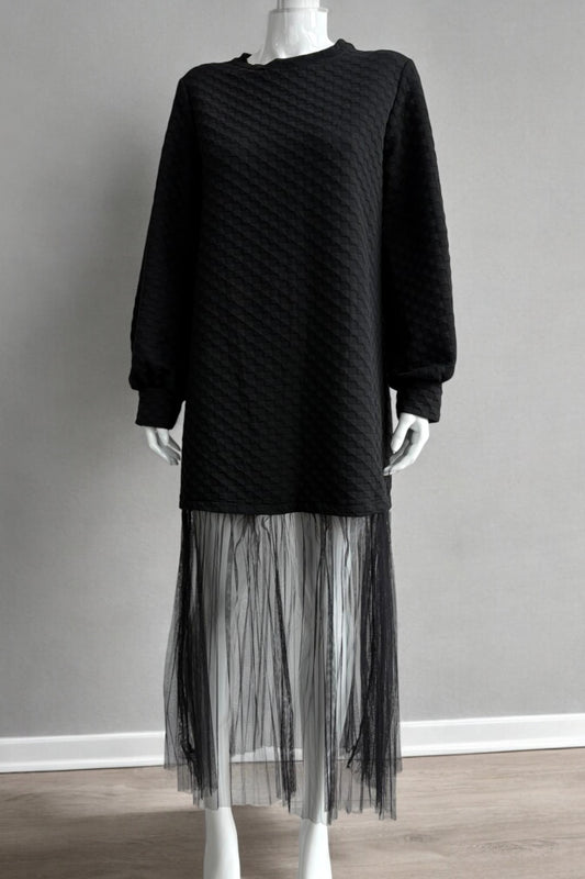 Textured Black Dress with Sheer Mesh Hem