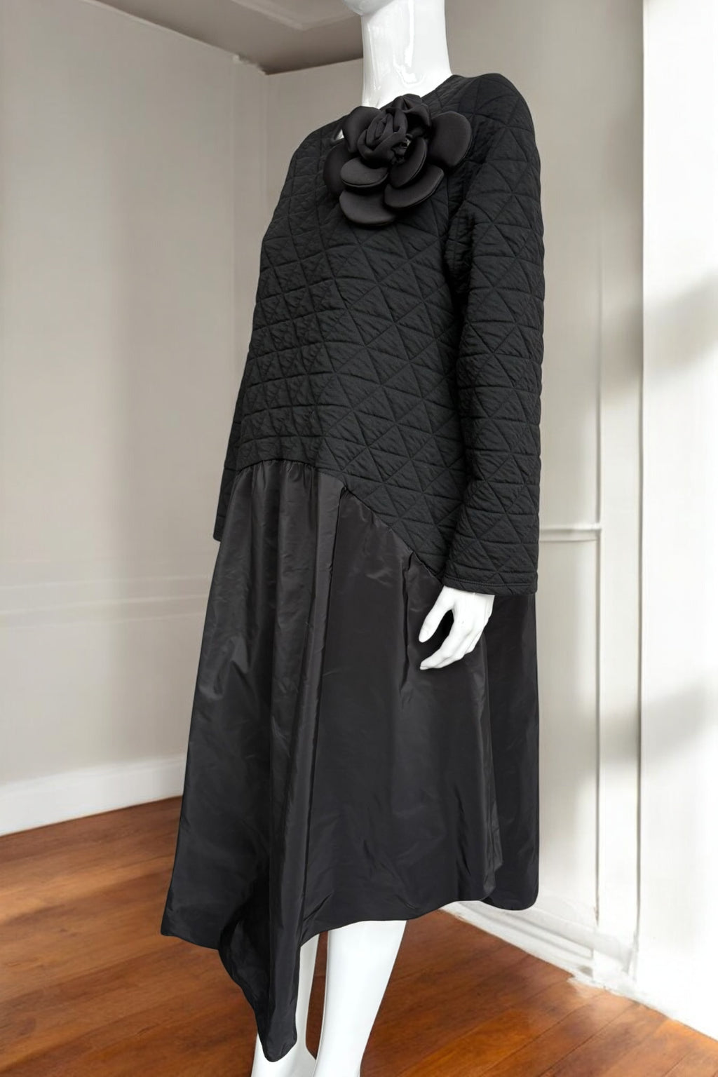 Quilted Black Midi Dress with 3D Flower Detail Partywear