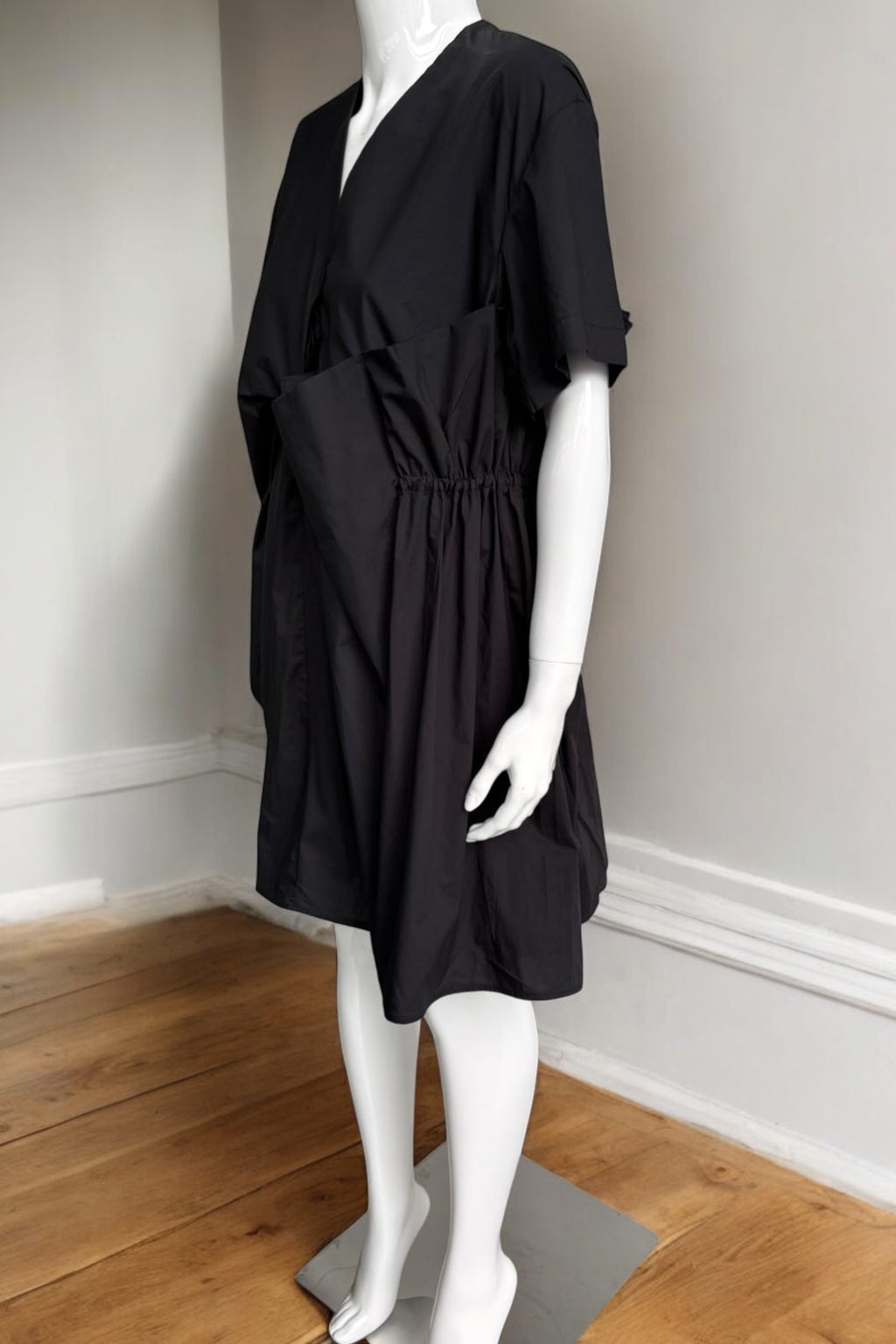 Draped Black Short Dress with Gathered Detail