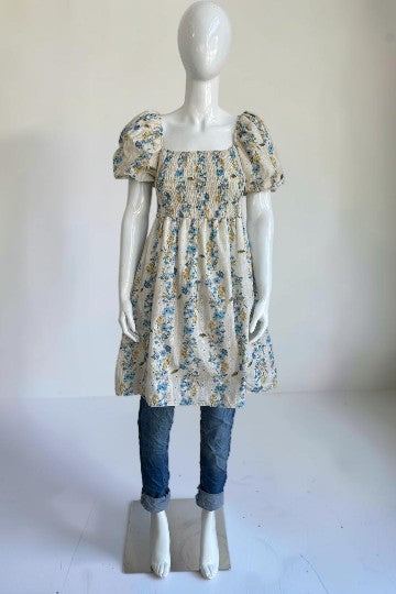 Zetaotto Shirred Elastic Printed Broidery Dress