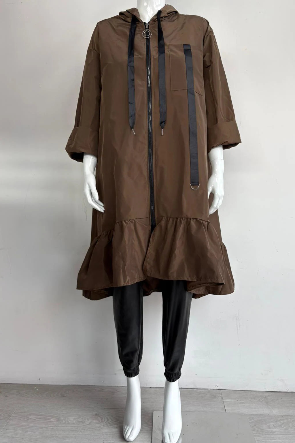 Made in Italy Frill Bottom Hooded Rain Mac