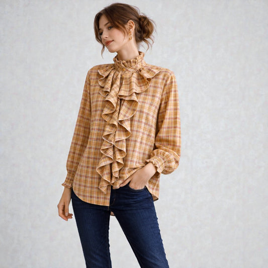 Made in Italy Cotton Plaid Frill Blouse
