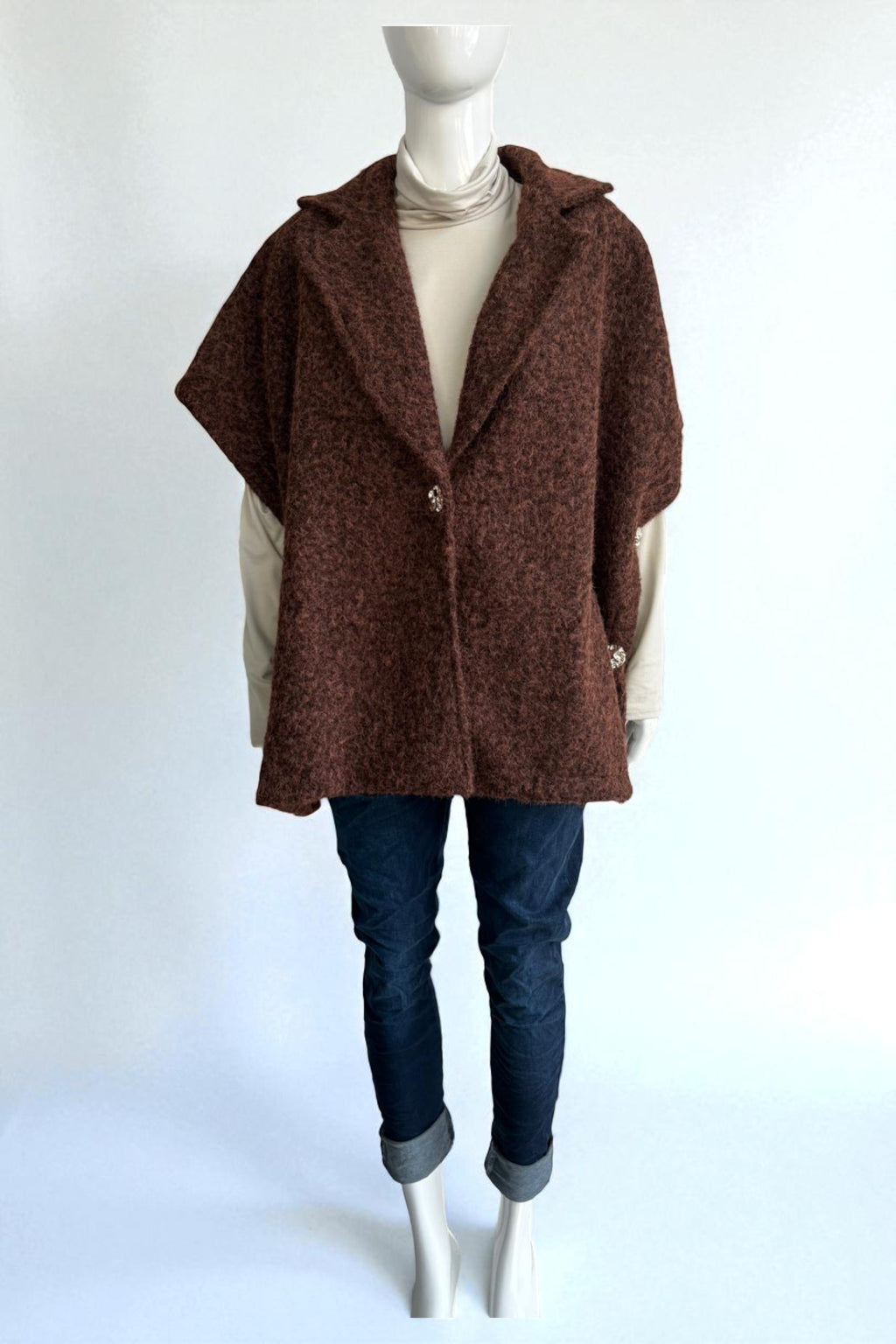 Women's Textured Wool Sleeveless Cape Jacket with Side Buttons