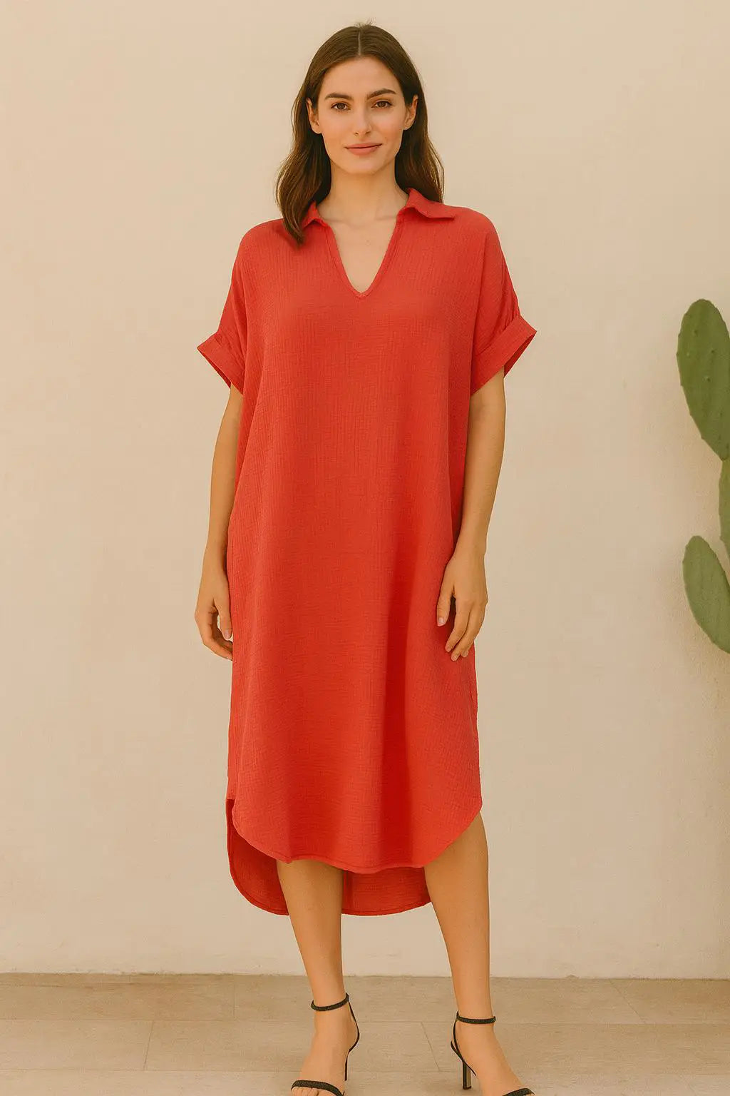 Waffle Cotton V Neck Shirt Dress