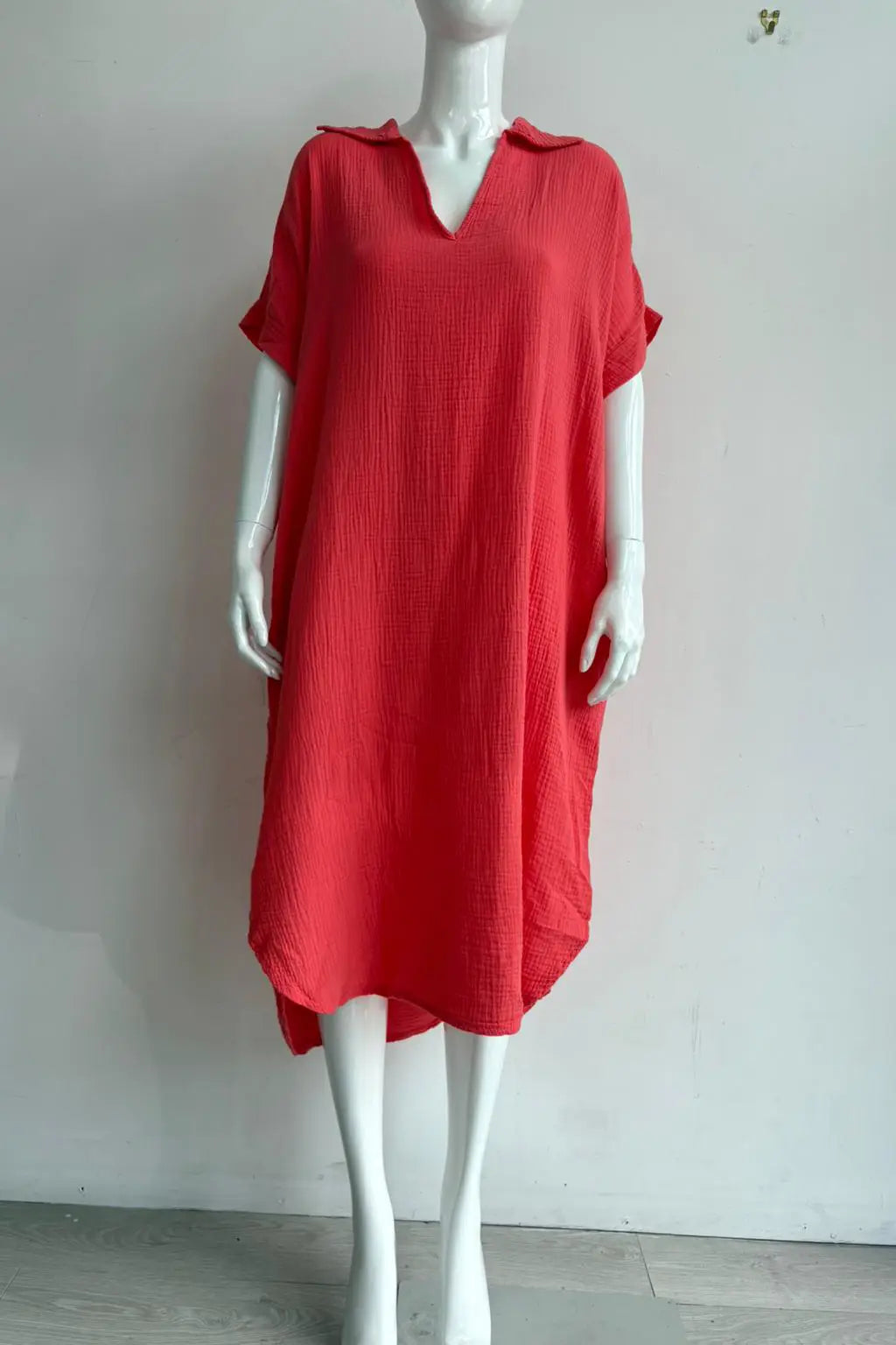 Waffle Cotton V Neck Shirt Dress