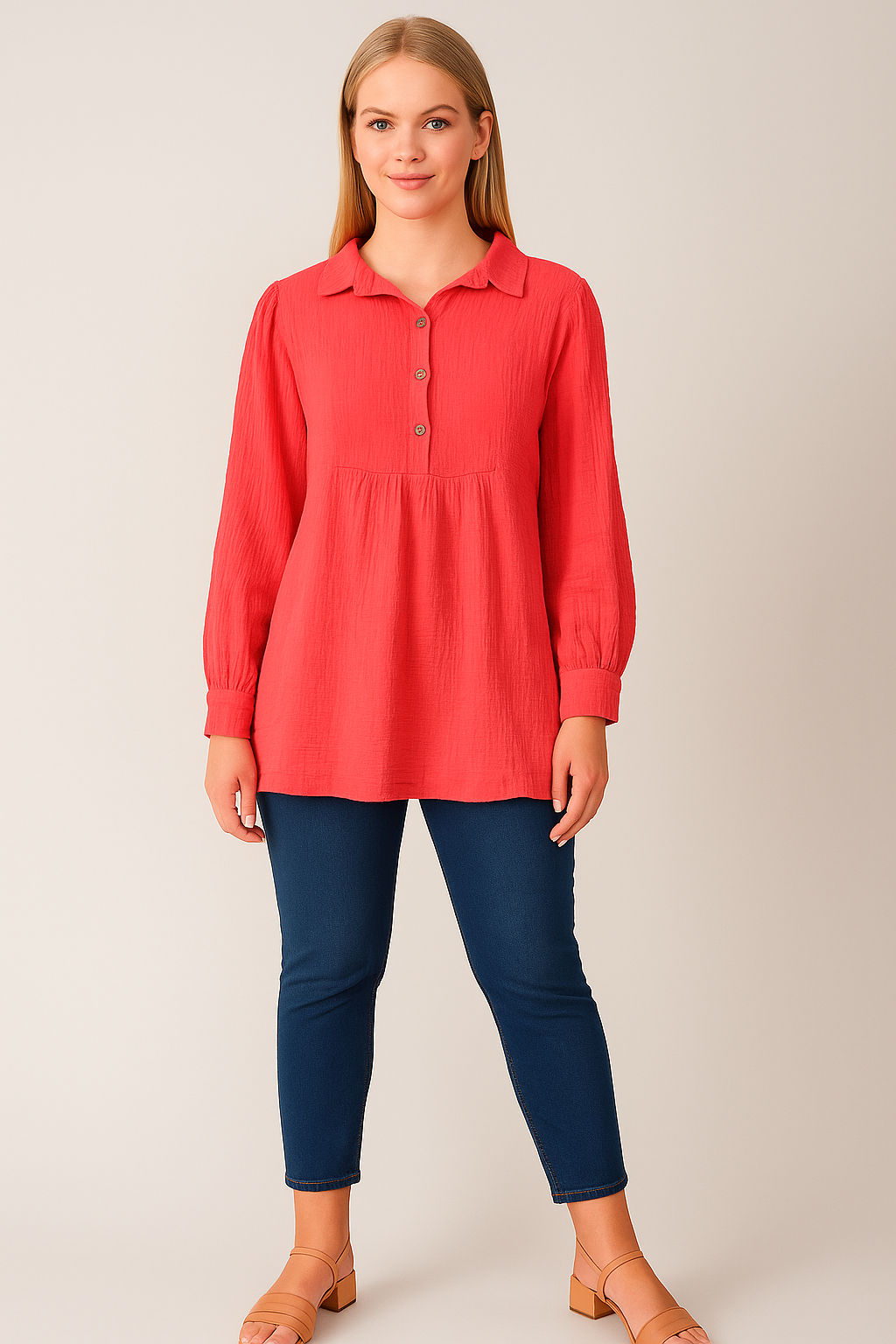 Cotton Smock button Neck Shirt