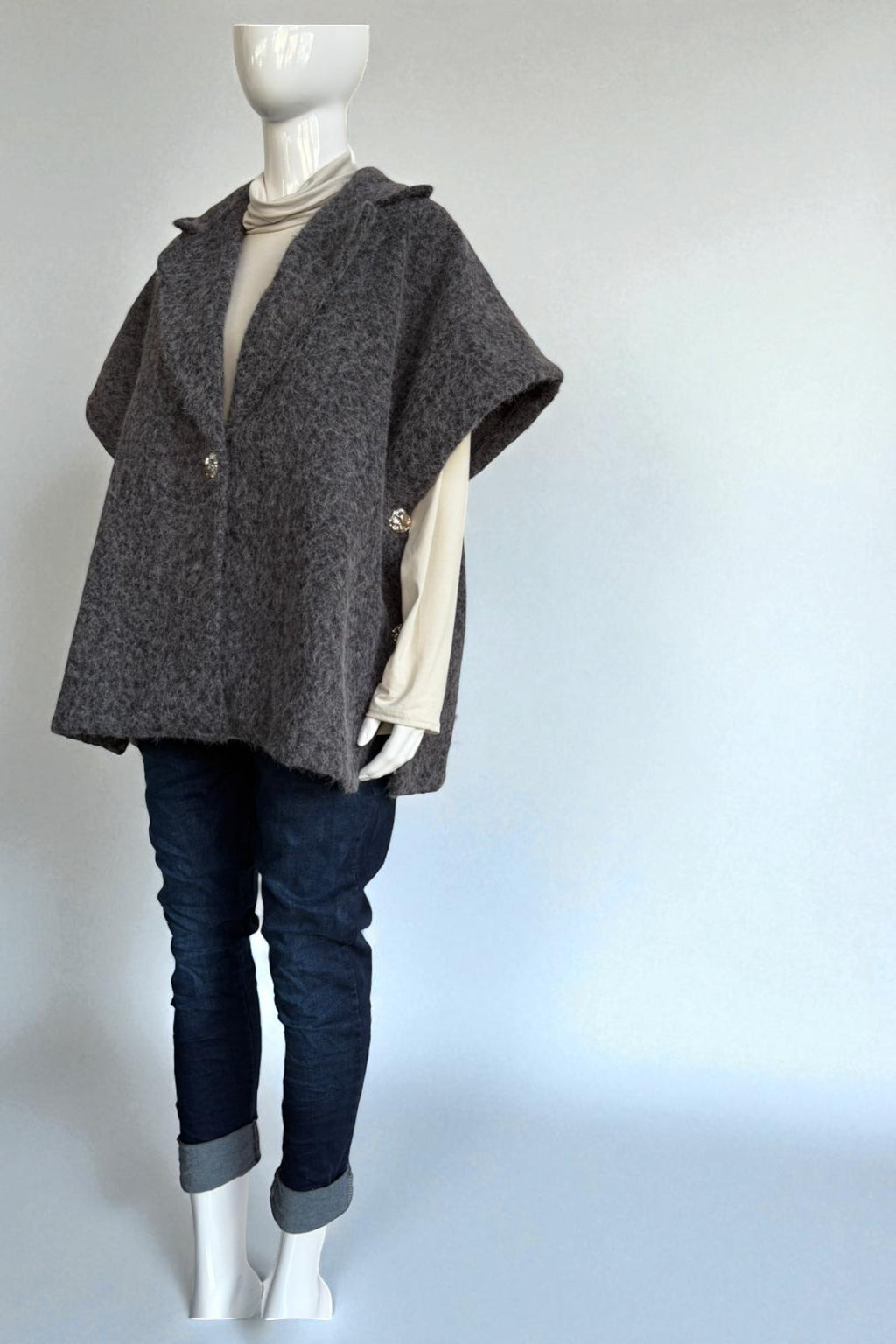 Women's Textured Wool Sleeveless Cape Jacket with Side Buttons