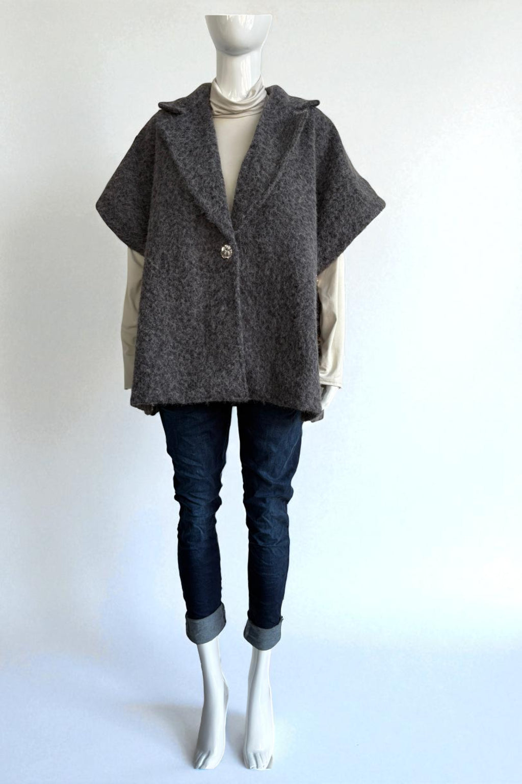 Women's Textured Wool Sleeveless Cape Jacket with Side Buttons