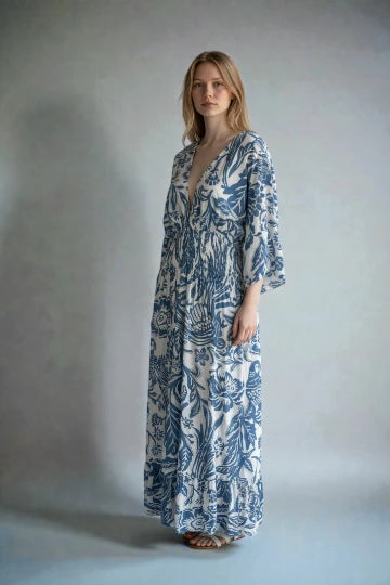 V- Neck Shirred Elastic Printed Dress