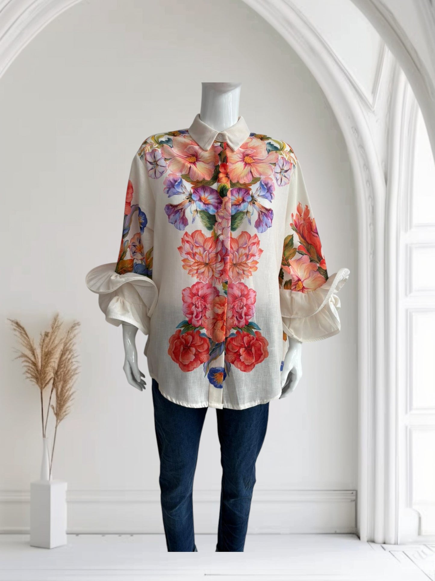 Italian Floral Print Flute Sleeve Shirt