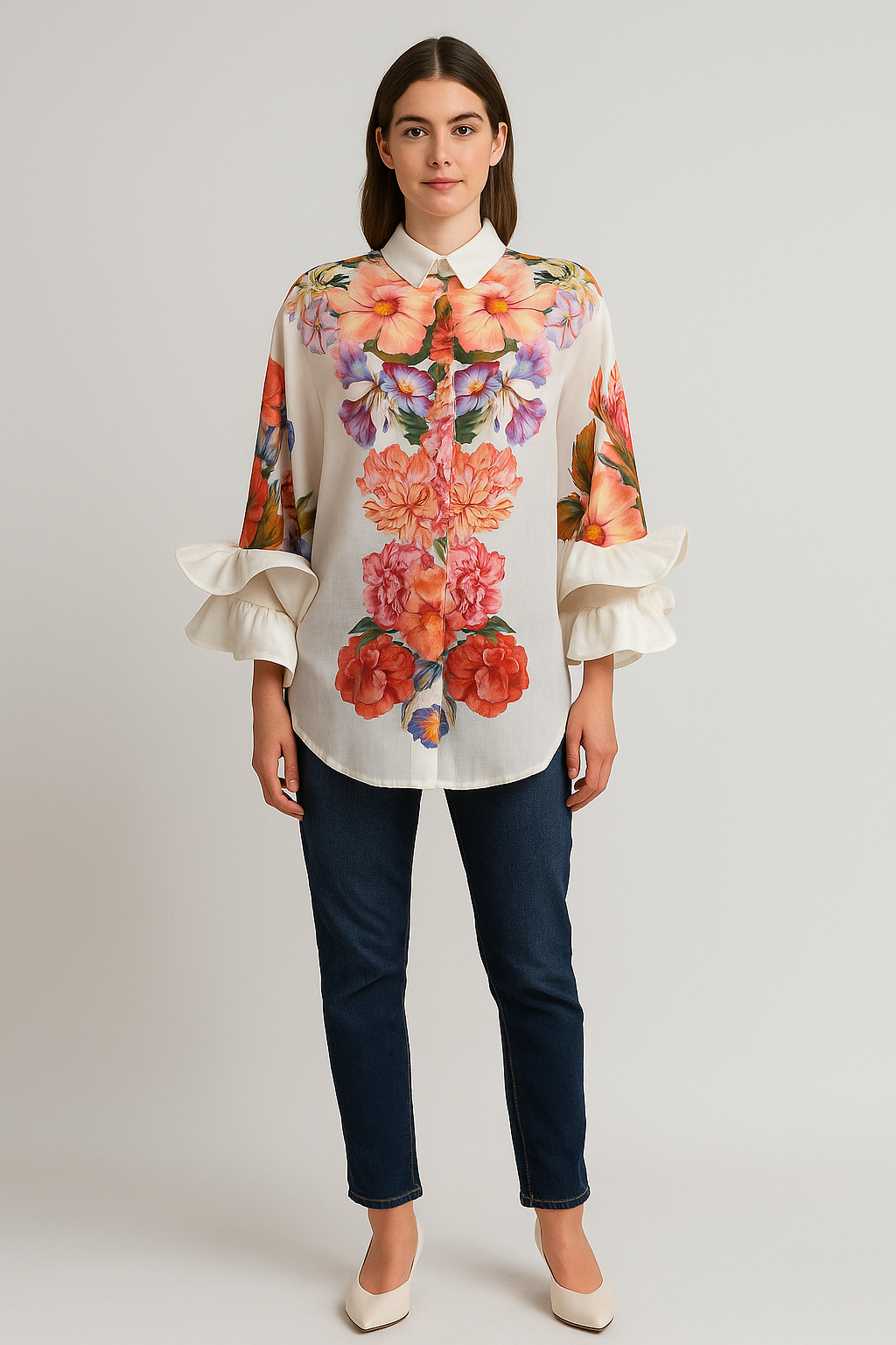 Italian Floral Print Flute Sleeve Shirt