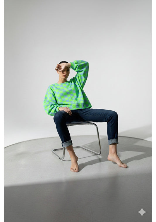 Made in Italy Balloon Sleeve Check Sweat Top