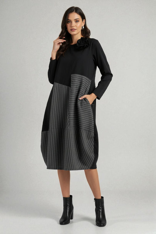 Asymmetric Patchwork Dress with Pinstripe Partywear