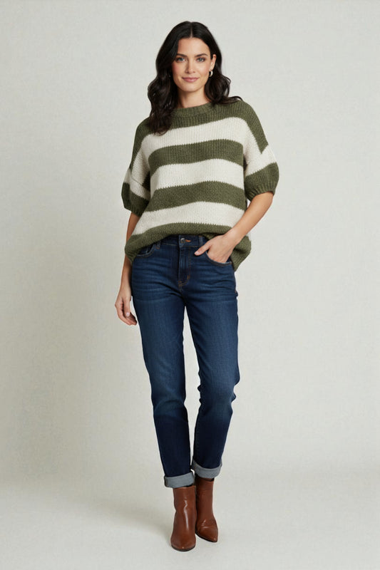 Chunky Knit Striped Short Sleeve Sweater