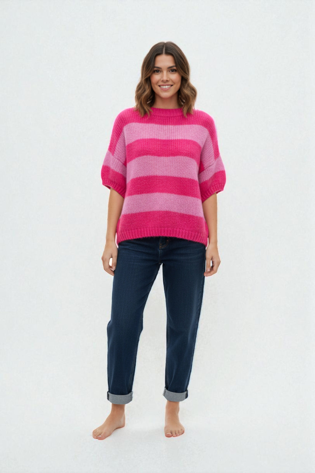Chunky Knit Striped Short Sleeve Sweater