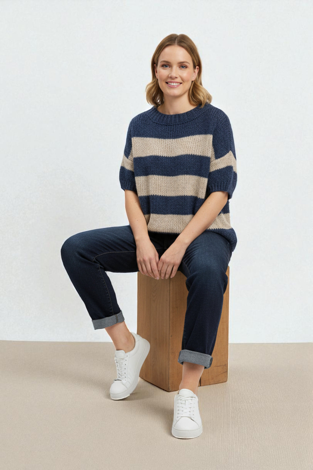 Chunky Knit Striped Short Sleeve Sweater