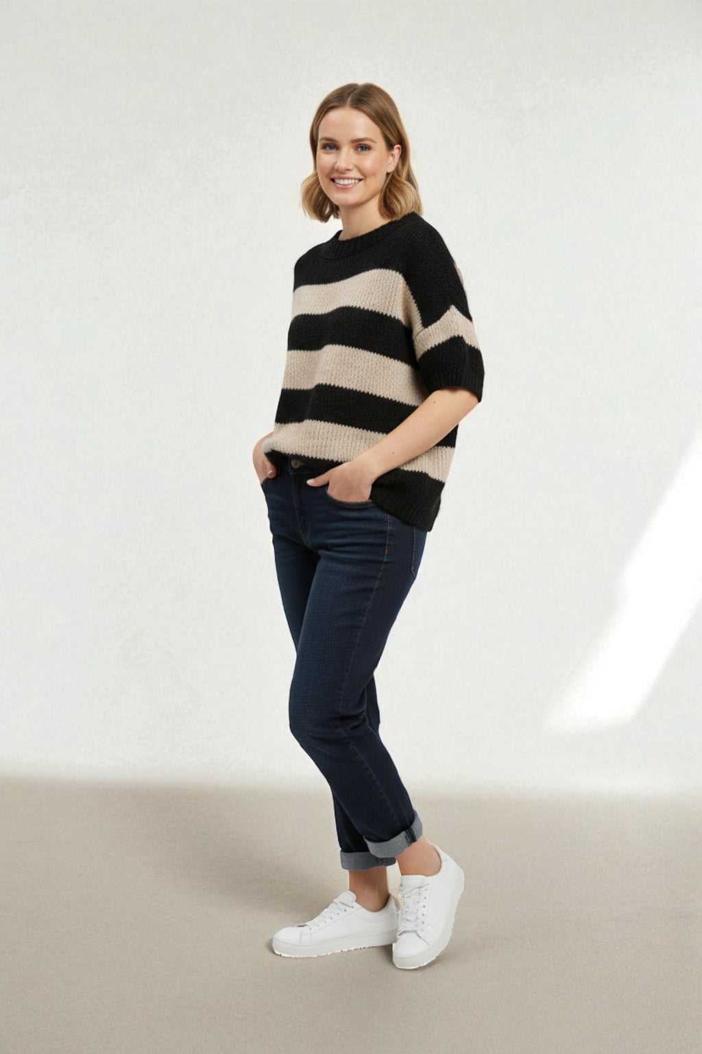 Chunky Knit Striped Short Sleeve Sweater