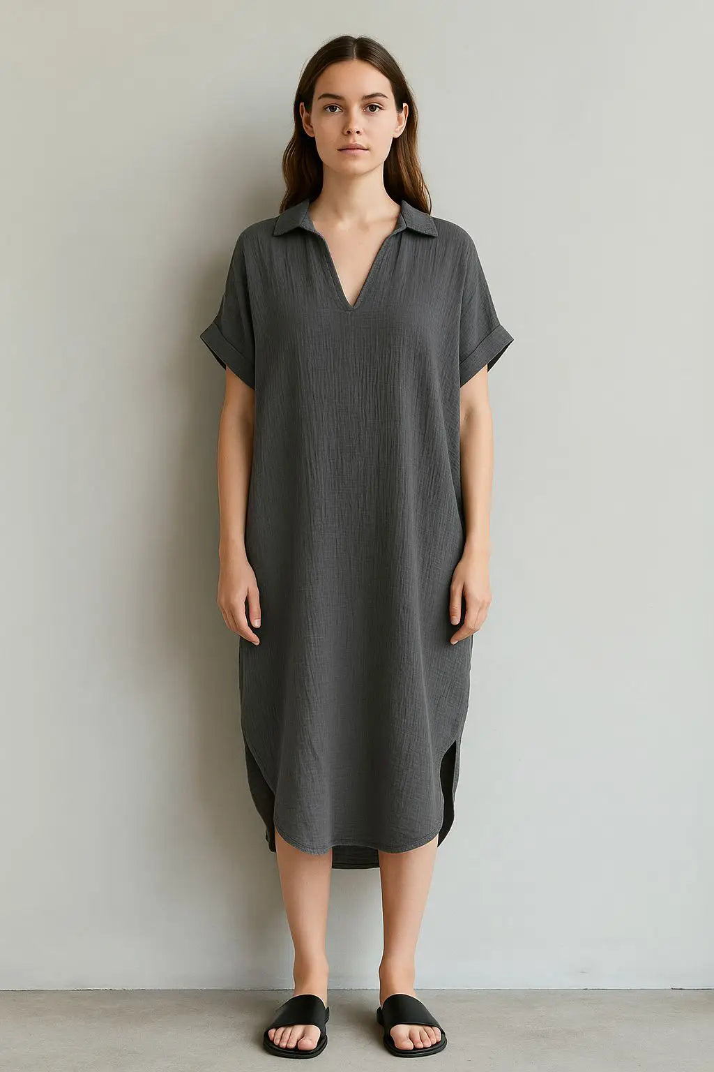 Waffle Cotton V Neck Shirt Dress