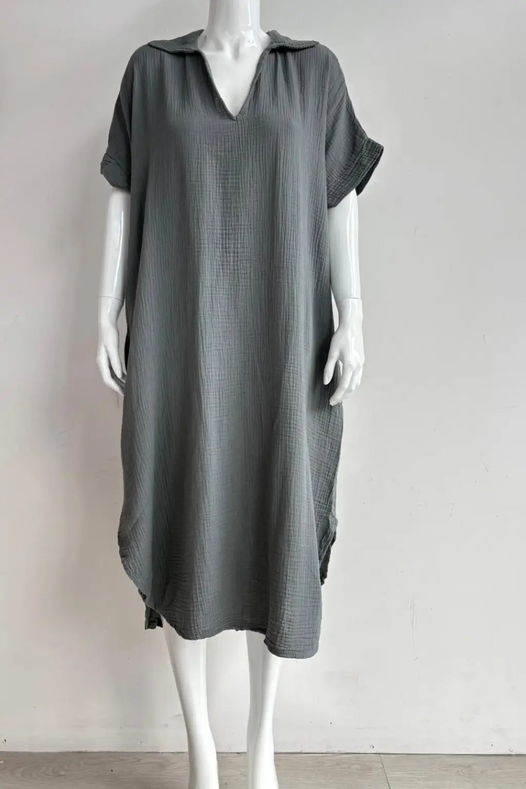 Waffle Cotton V Neck Shirt Dress