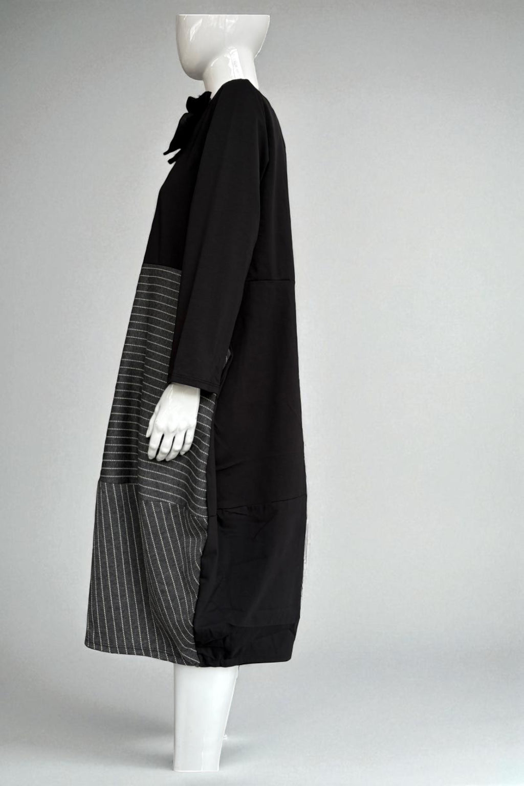 Asymmetric Patchwork Dress with Pinstripe Partywear