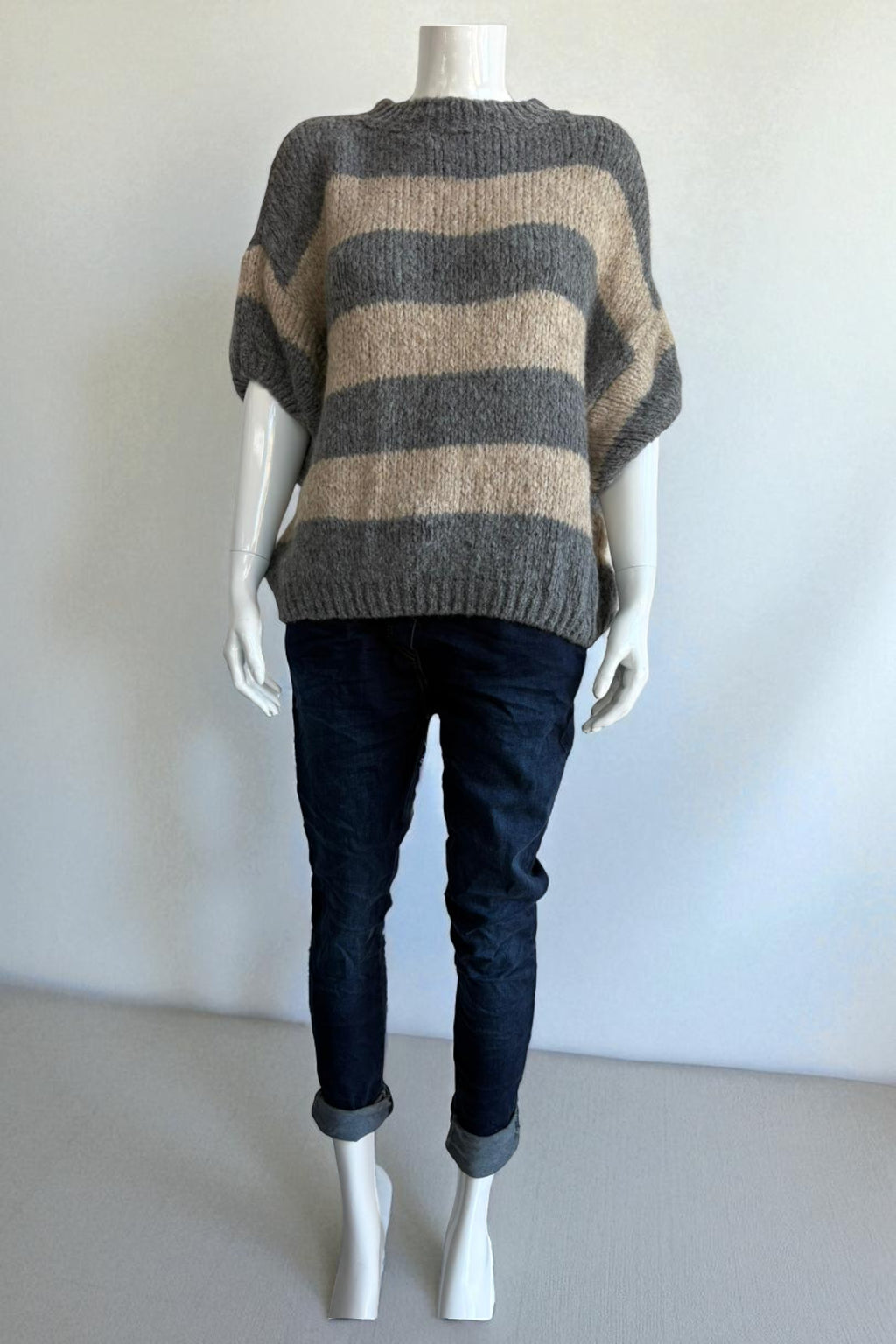 Chunky Knit Striped Short Sleeve Sweater