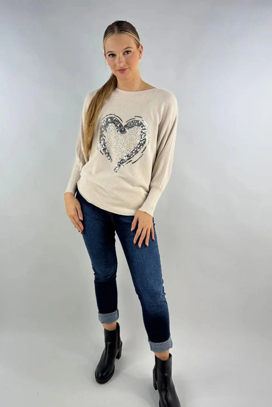 Made in Italy Sequin Heart Scoop Knit Jumper