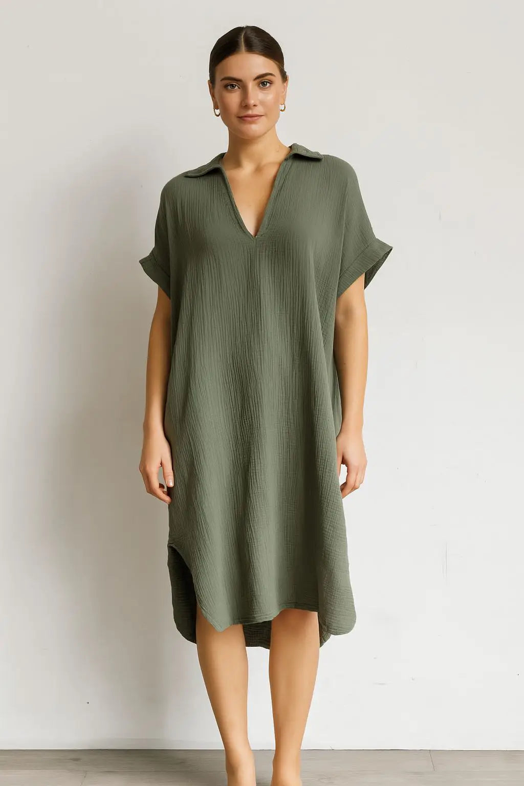 Waffle Cotton V Neck Shirt Dress