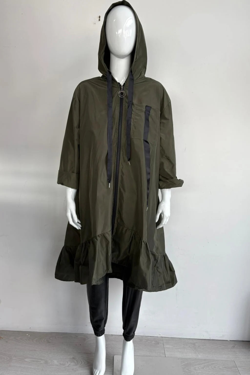 Made in Italy Frill Bottom Hooded Rain Mac