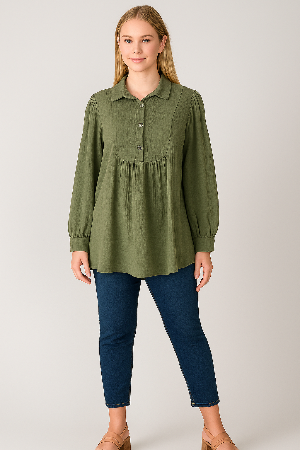 Cotton Smock button Neck Shirt