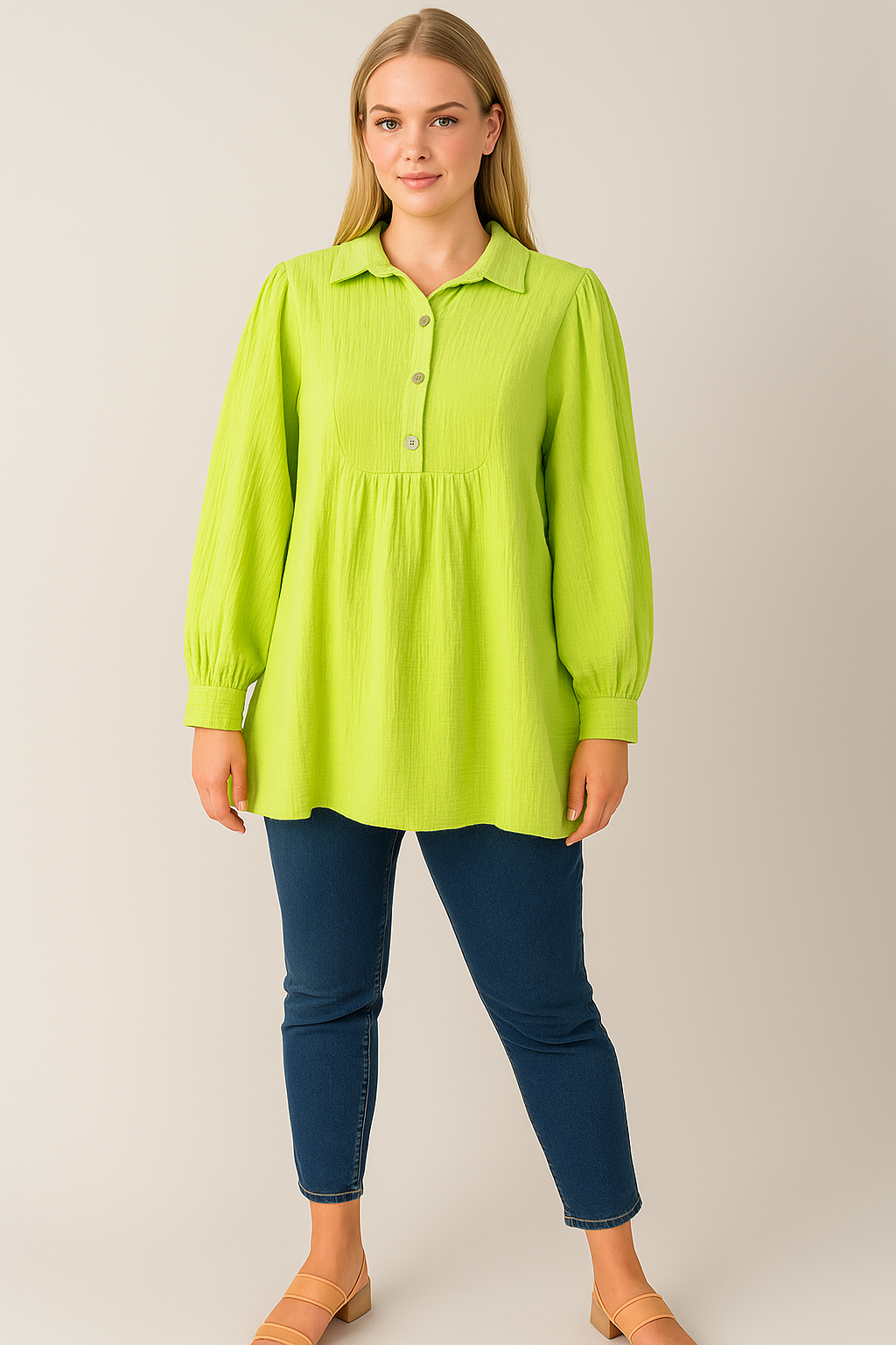 Cotton Smock button Neck Shirt