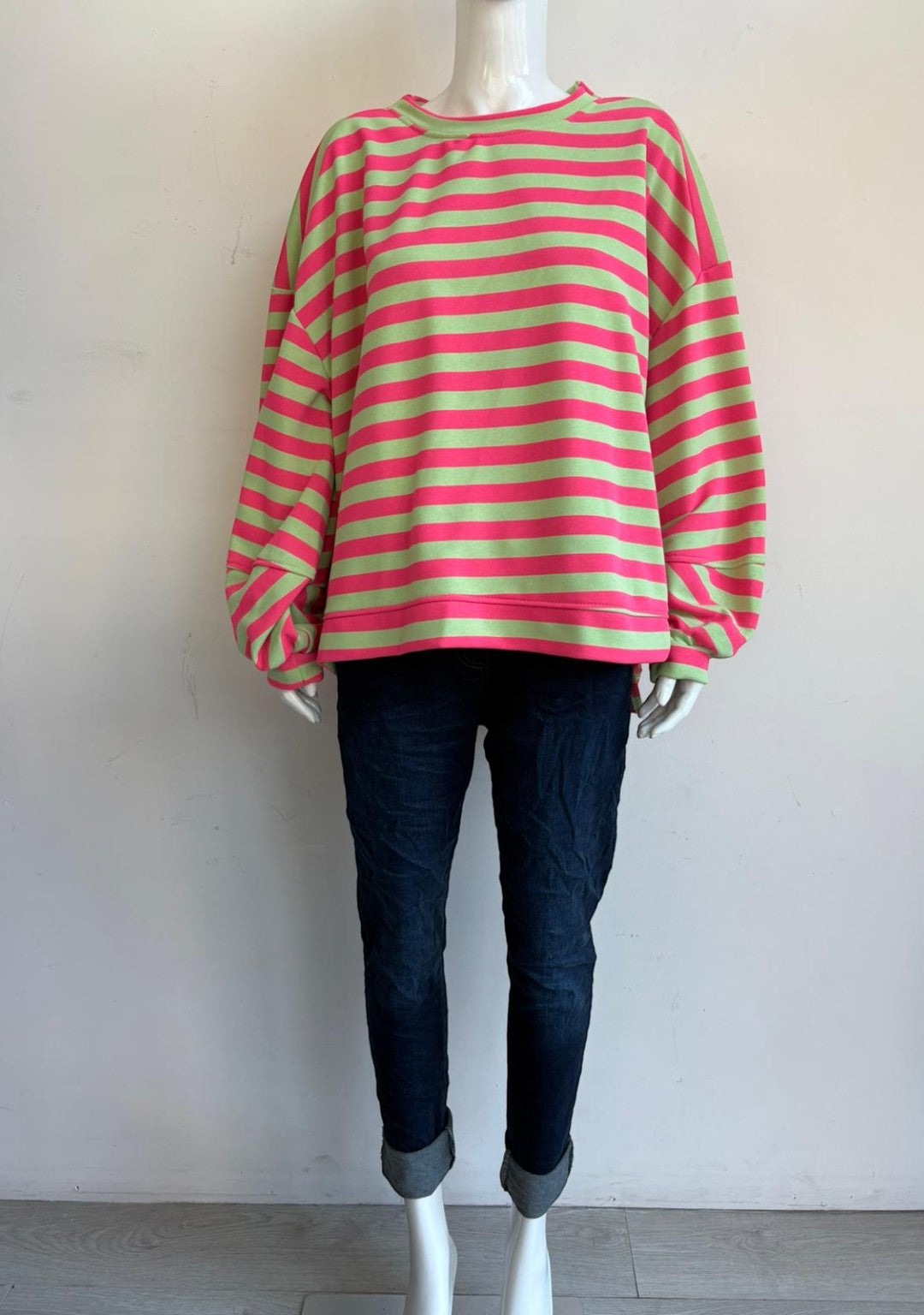 Made in Italy Balloon Sleeve Horizontal Stripe Sweat Top
