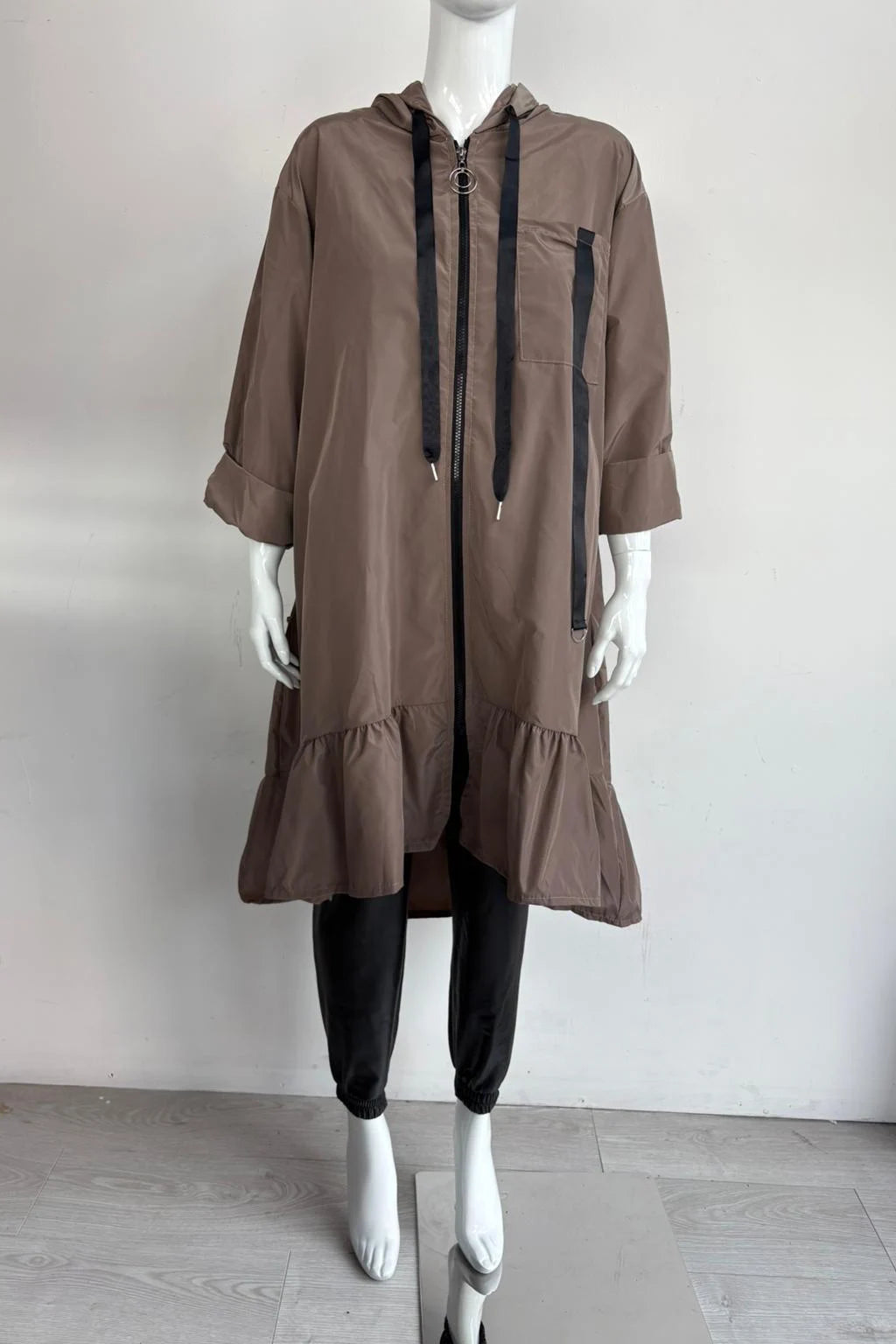 Made in Italy Frill Bottom Hooded Rain Mac