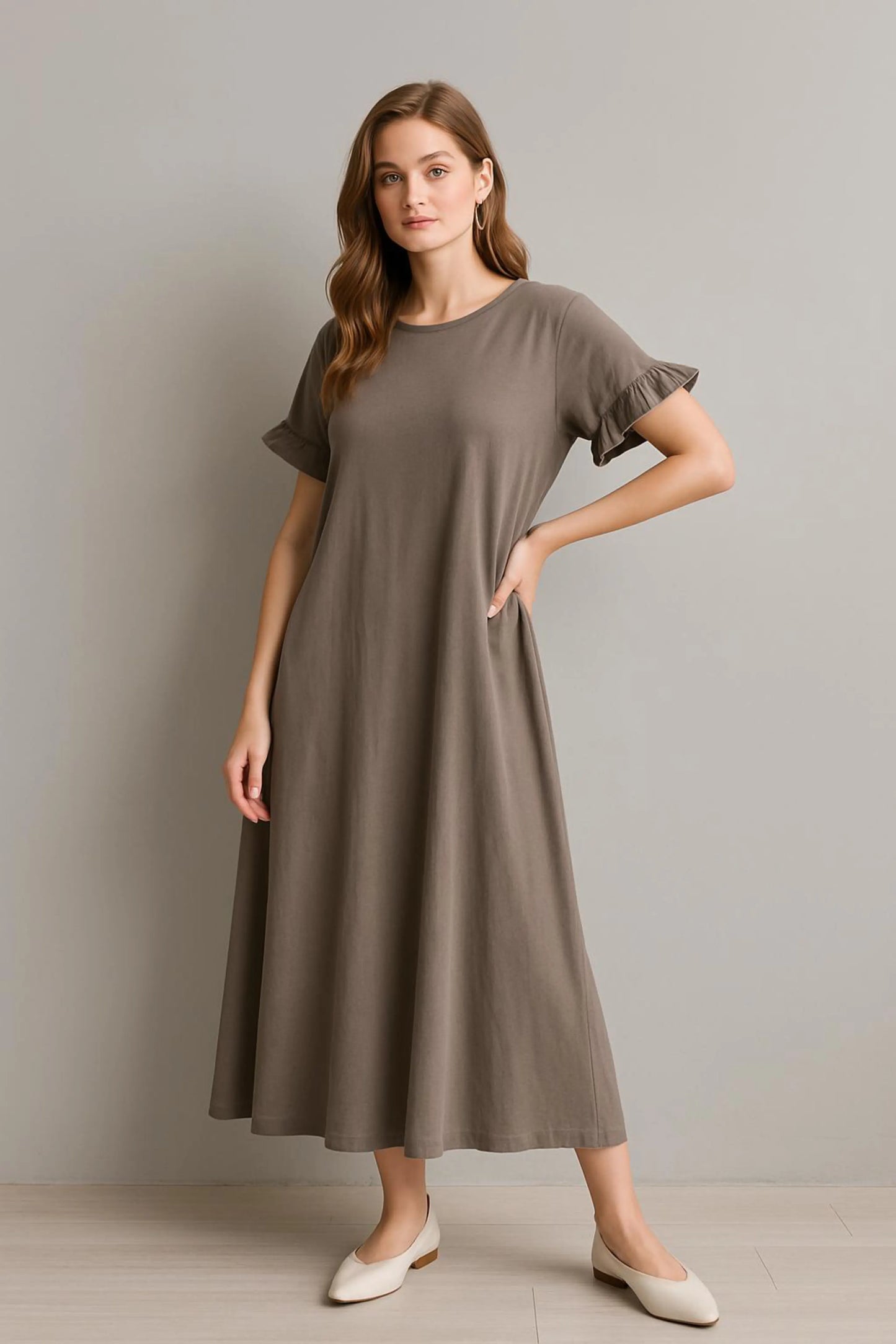 Jersey Frill Sleeve Midi Dress Lagenlook