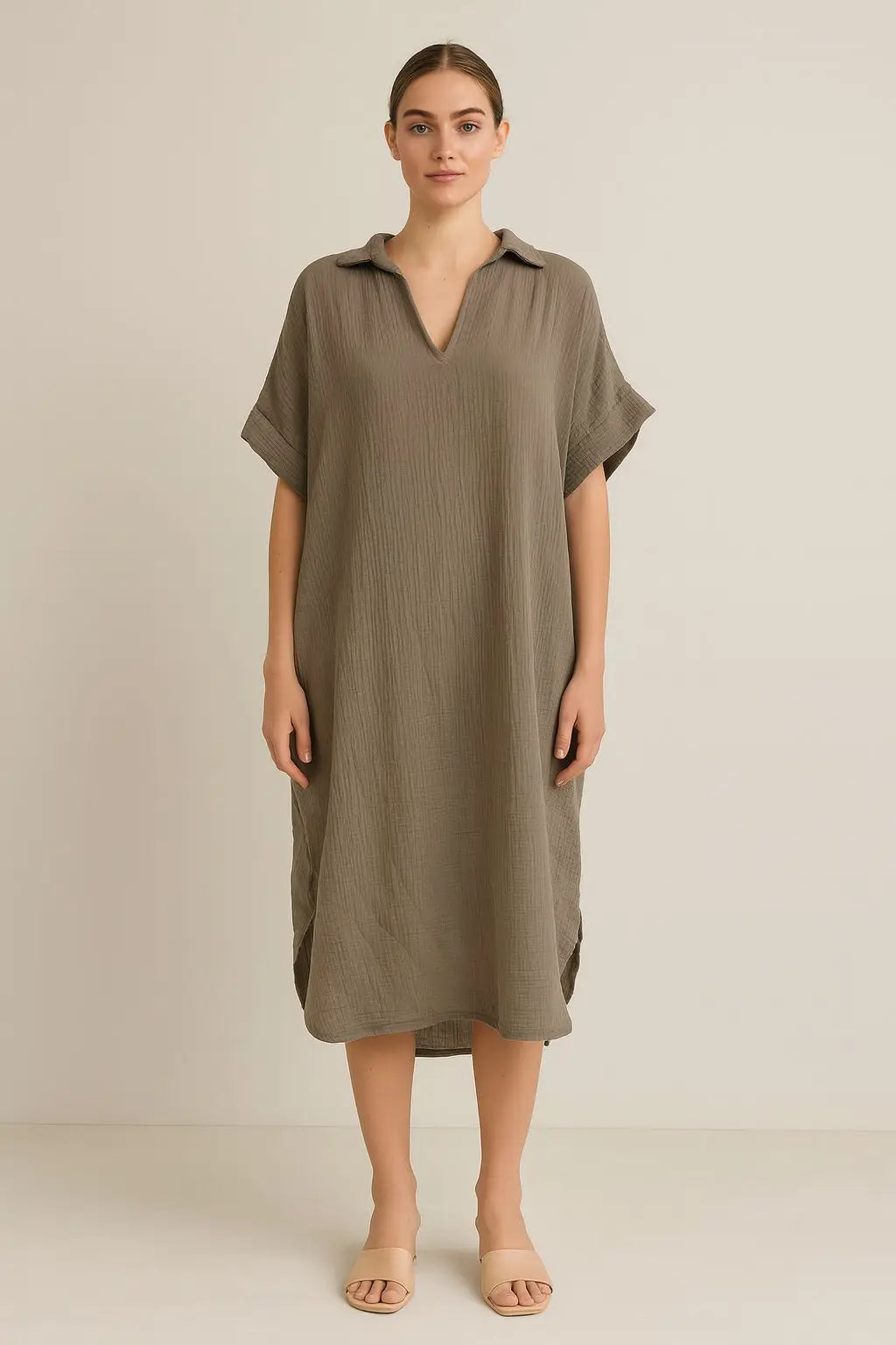 Waffle Cotton V Neck Shirt Dress