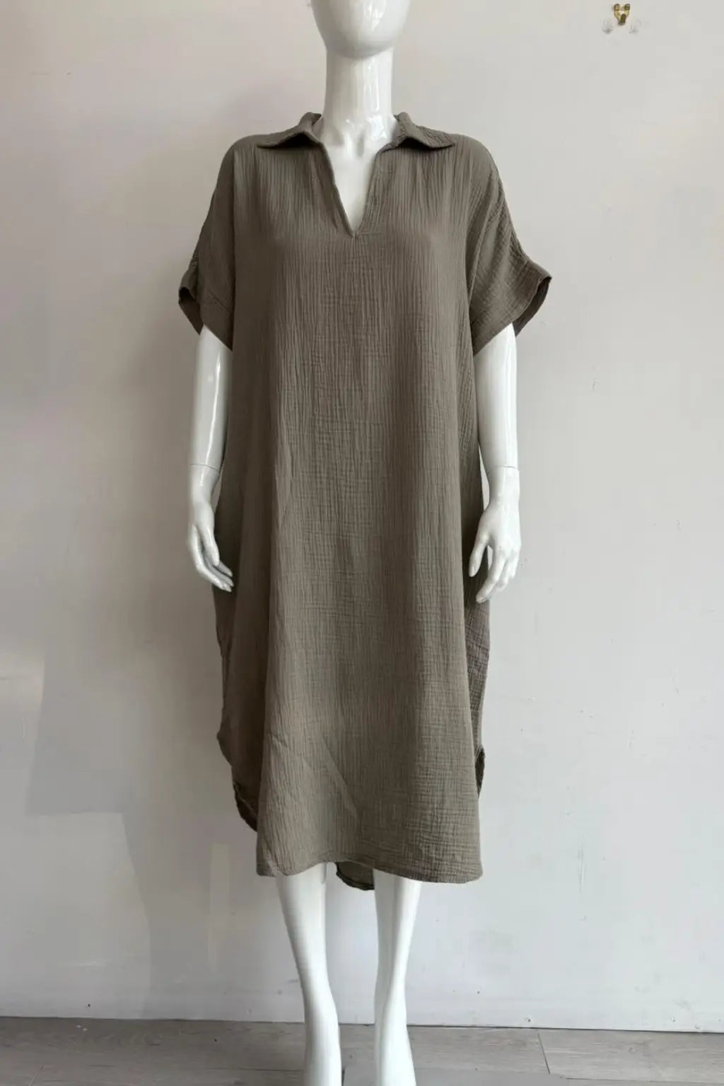 Waffle Cotton V Neck Shirt Dress