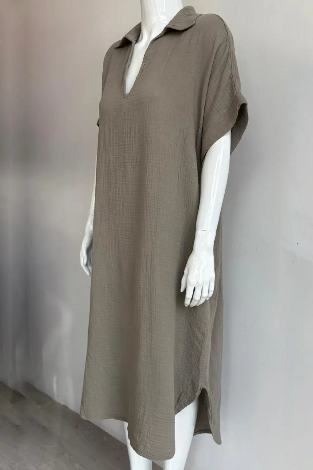 Waffle Cotton V Neck Shirt Dress