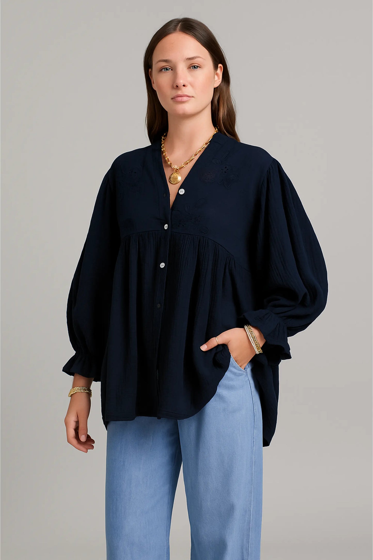 Cotton Embroided Smock Shirt Top