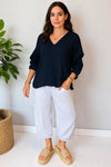 Women's V Neck Linen Frey Top