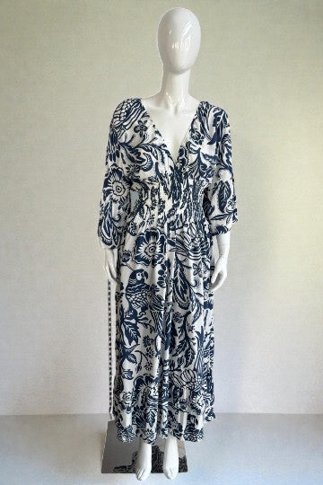 V- Neck Shirred Elastic Printed Dress